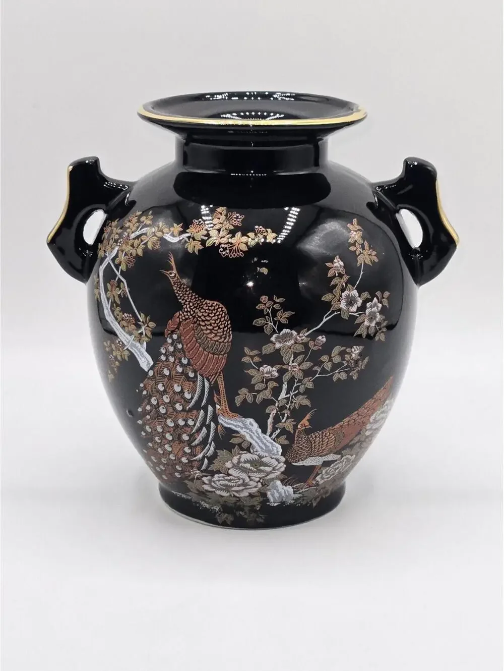 Vintage‎ Black Ceramic Vase Pheasant Bird Floral Design Gold Rim Double Handled
